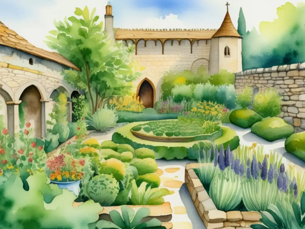 Jardín medieval de plantas medicinales con abundancia de plantas vibrantes y diversas