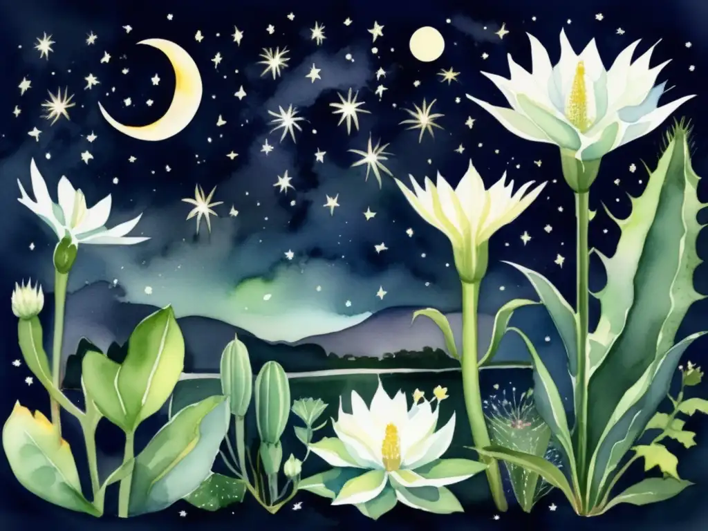 Ilustración acuarela de un sereno jardín nocturno, mostrando plantas nocturnas y su proceso de respiración y fotosíntesis