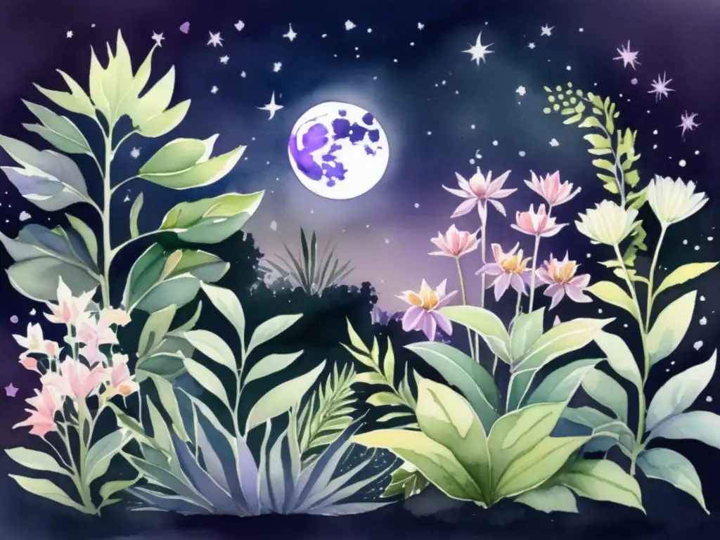 Pintura acuarela detallada de un sereno jardín nocturno con plantas iluminadas por la luna