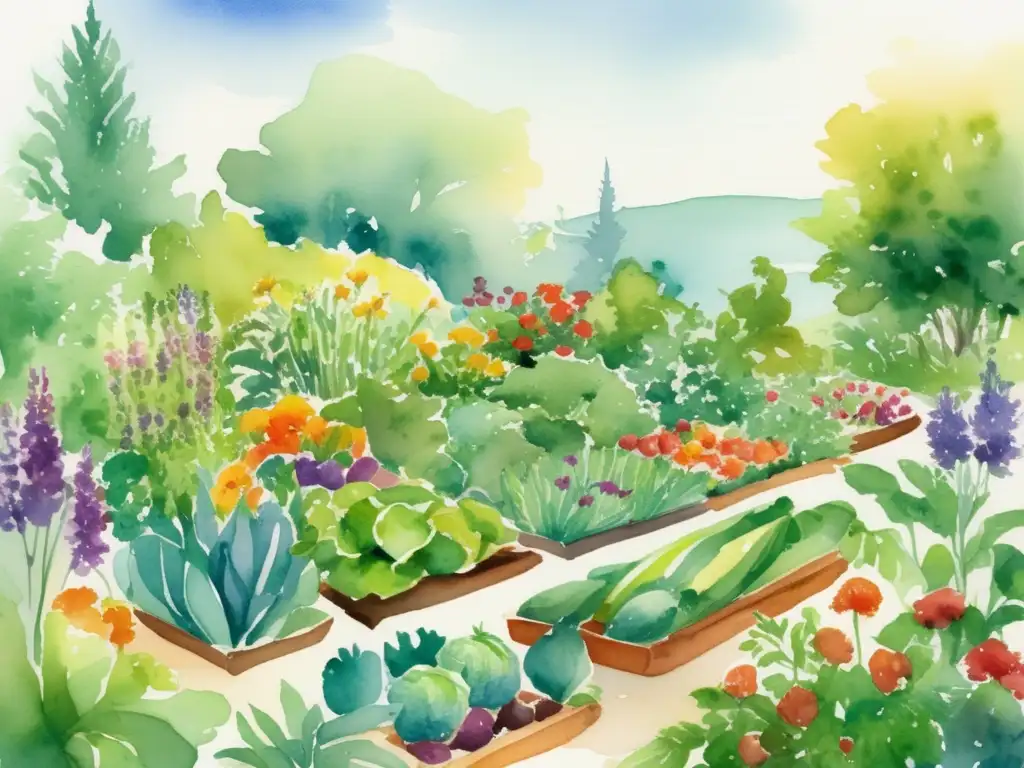 Beneficios jardinería orgánica: Exquisita ilustración acuarela de un jardín lleno de vida, biodiversidad y plantas comestibles y medicinales