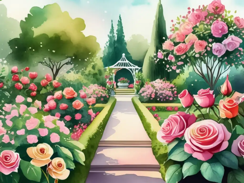 Jardín de plantas ornamentales en acuarela Técnicas modernas propagación plantas: Hermoso jardín con flores, cascada y topiarias en una ilustración acuarela de alta definición