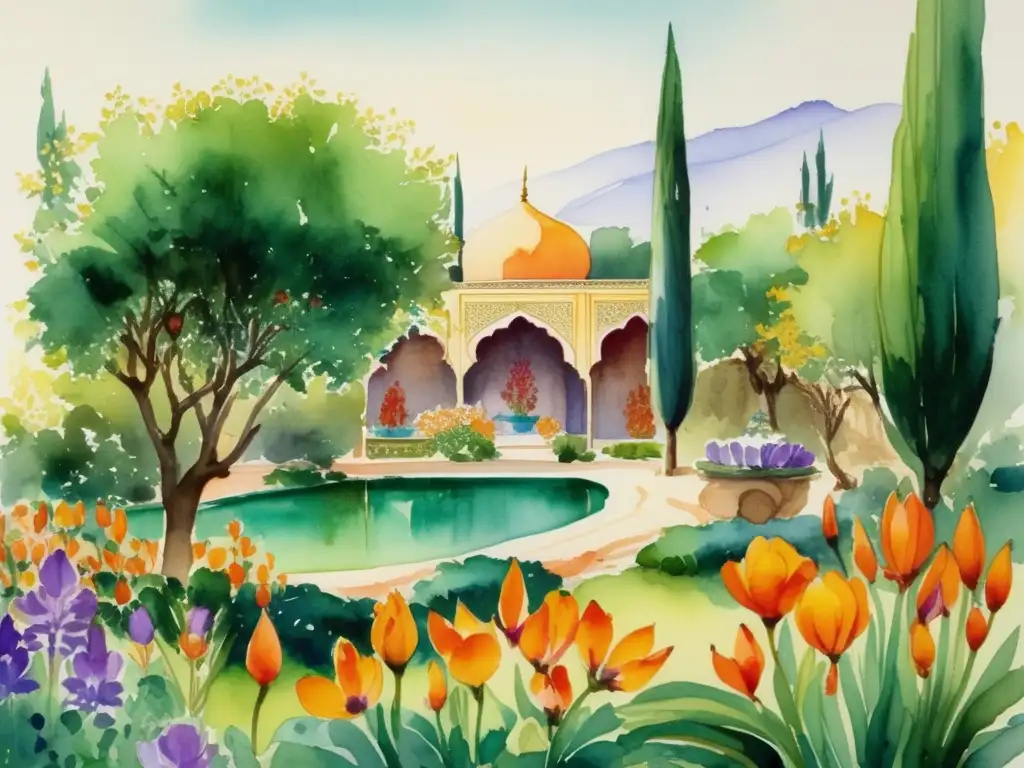 Pintura acuarela jardín Persia antigua con plantas medicinales (110 caracteres)