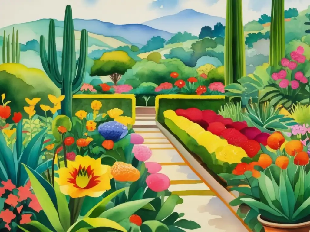 Pintura paisajística con jardines famosos, inspirada en Frida Kahlo, Hockney y Monet