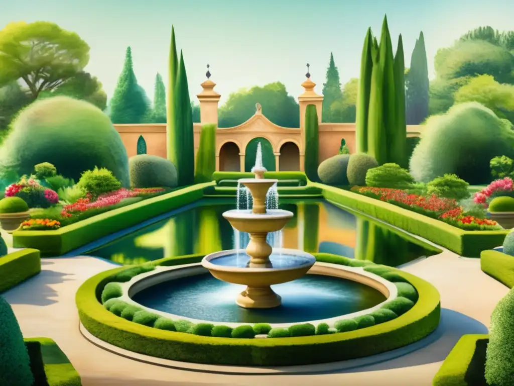 Jardín renacentista sereno con plantas vibrantes y simetría divina