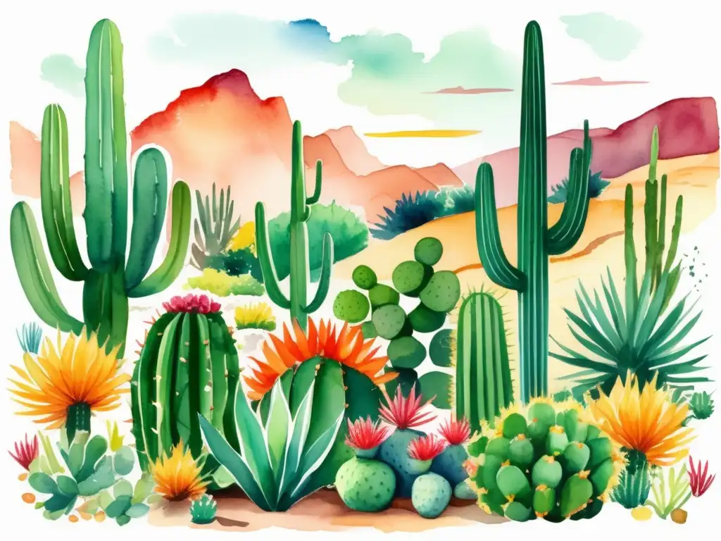 Ilustración acuarela de un jardín vibrante con plantas resistentes sequía y calor