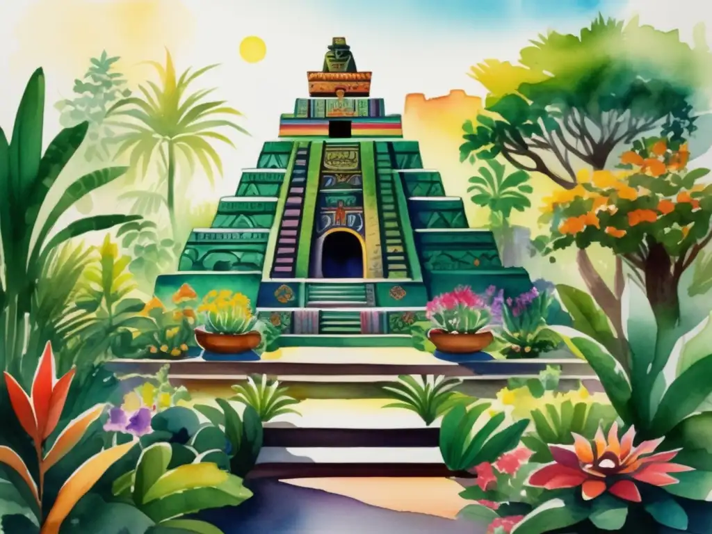 Pintura acuarela de jardín azteca con plantas sagradas