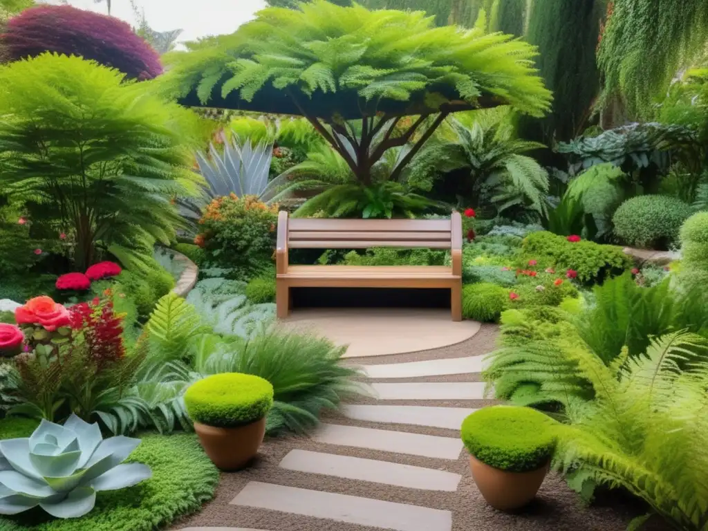 Jardín sereno con plantas y flores vibrantes