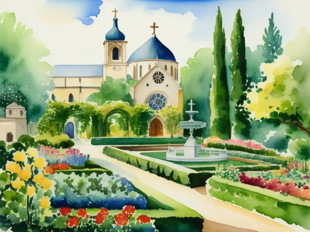 Historia de la botánica global en una pintura acuarela detallada de un sereno jardín con una iglesia y plantas meticulosamente colocadas