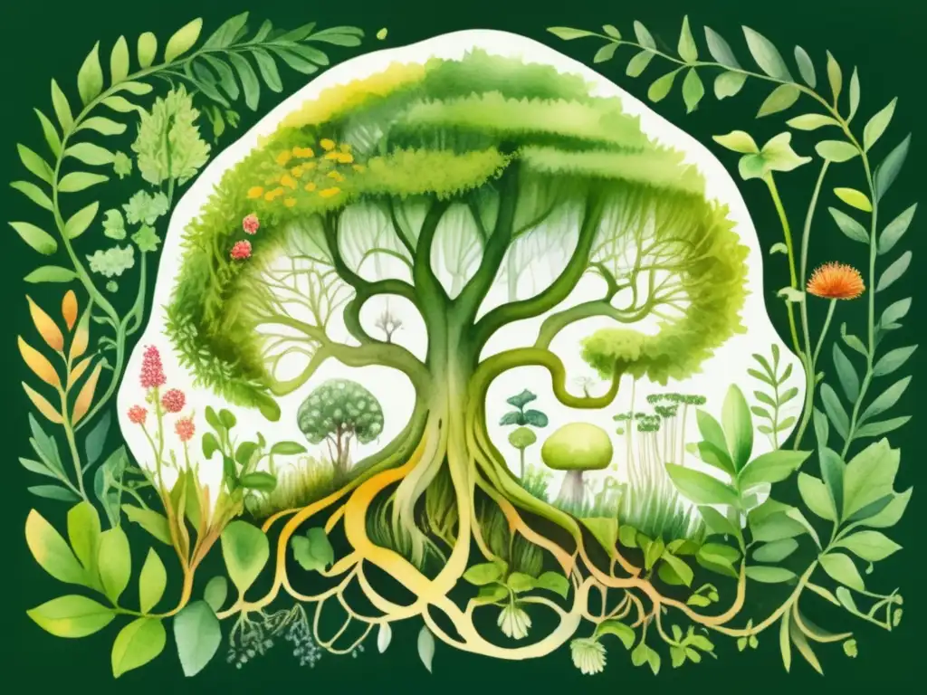 Ilustración acuarela detallada mostrando la importancia de la simbiosis en las plantas
