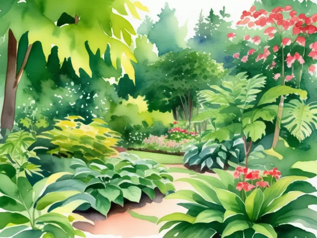 Un jardín sombreado con plantas ornamentales en una ilustración acuarela ultradetallada