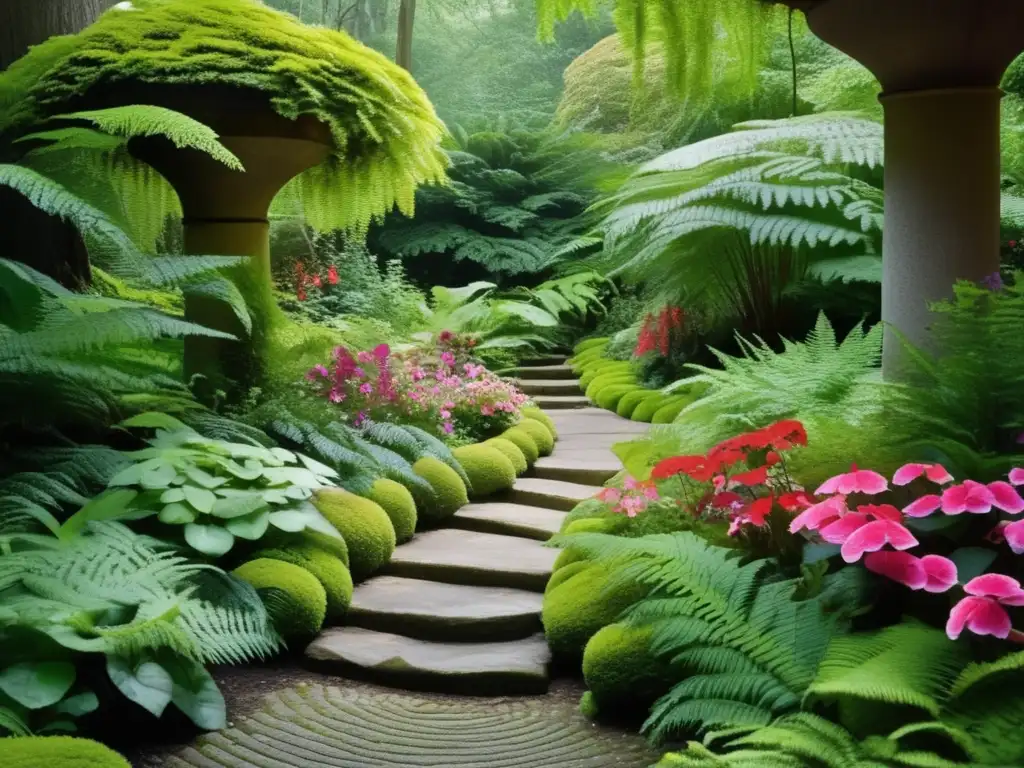 Jardín sombreado con plantas de sombra para jardinería