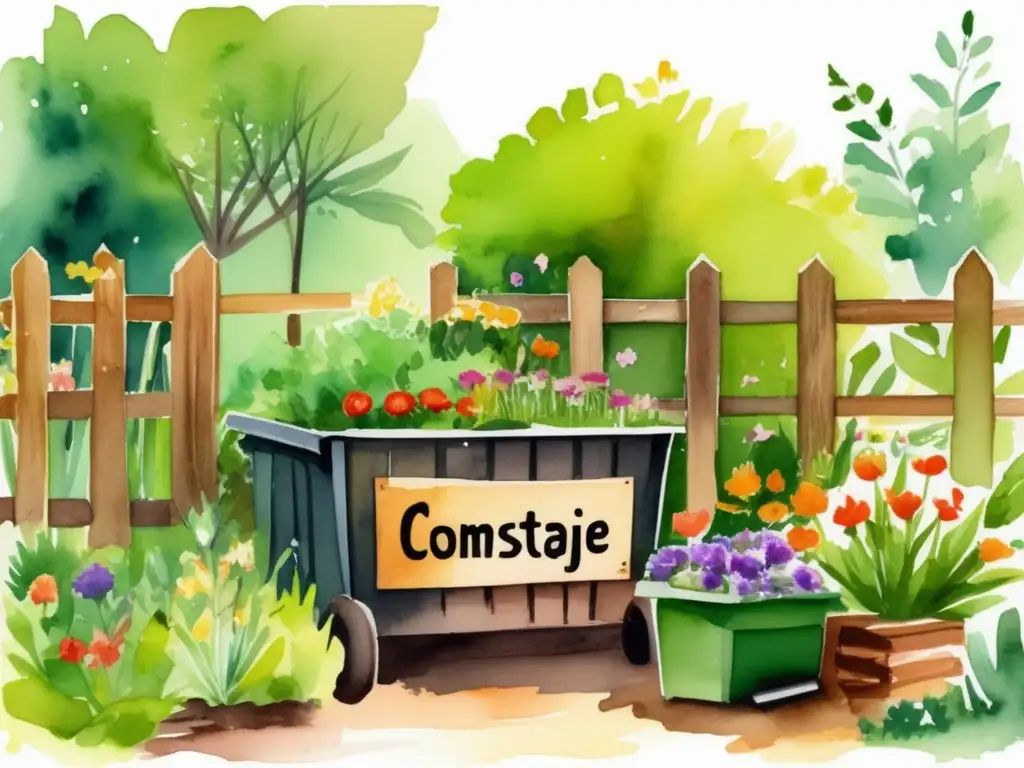 Beneficios compostaje jardinería moderna: ilustración hermosa de jardín verde con diversidad de plantas, compostaje, reducción de emisiones