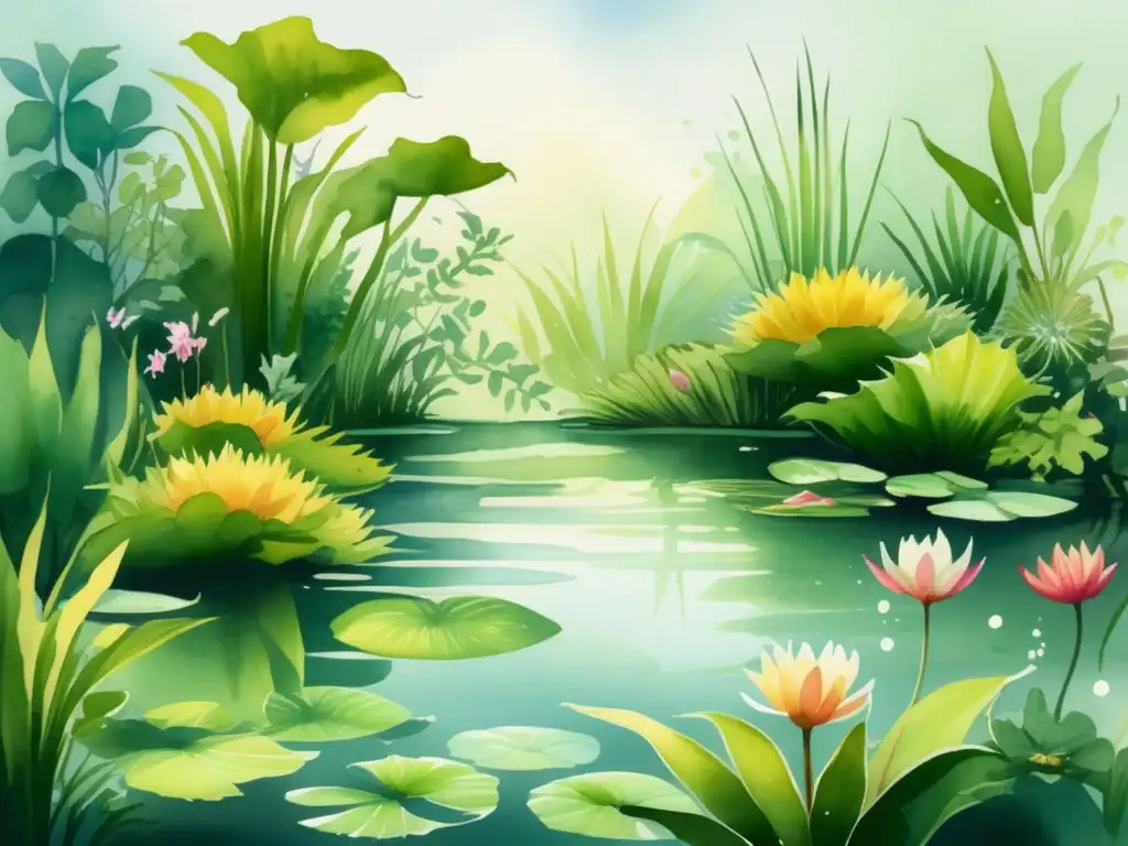 Ilustración acuarela de un exuberante jardín subacuático con plantas acuáticas y peces coloridos