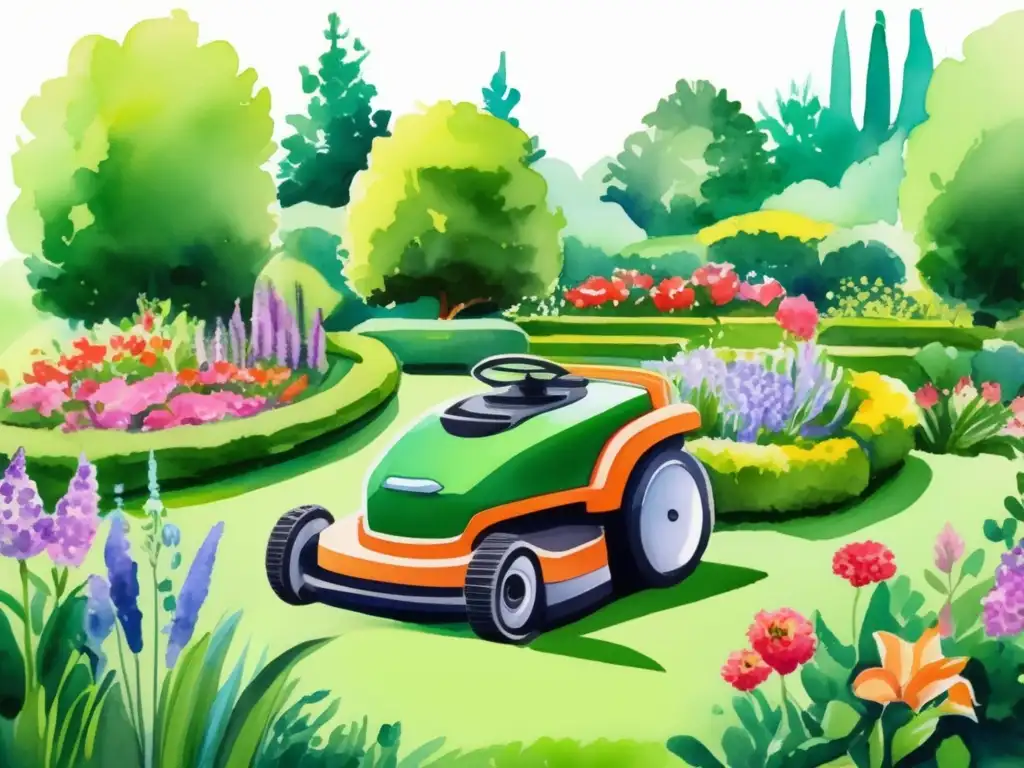 Herramientas tecnológicas para jardinería: un jardín exuberante con flores vibrantes, un robot cortacésped y sistemas de riego inteligentes