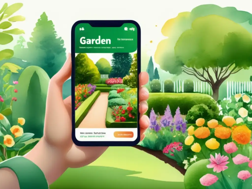 Herramientas tecnológicas para jardinería en un hermoso jardín con flores, árboles y un jardinero usando una app en su smartphone