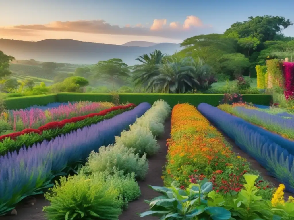 Jardín con plantas tintóreas para industria textil en plena floración, lleno de colores y vida