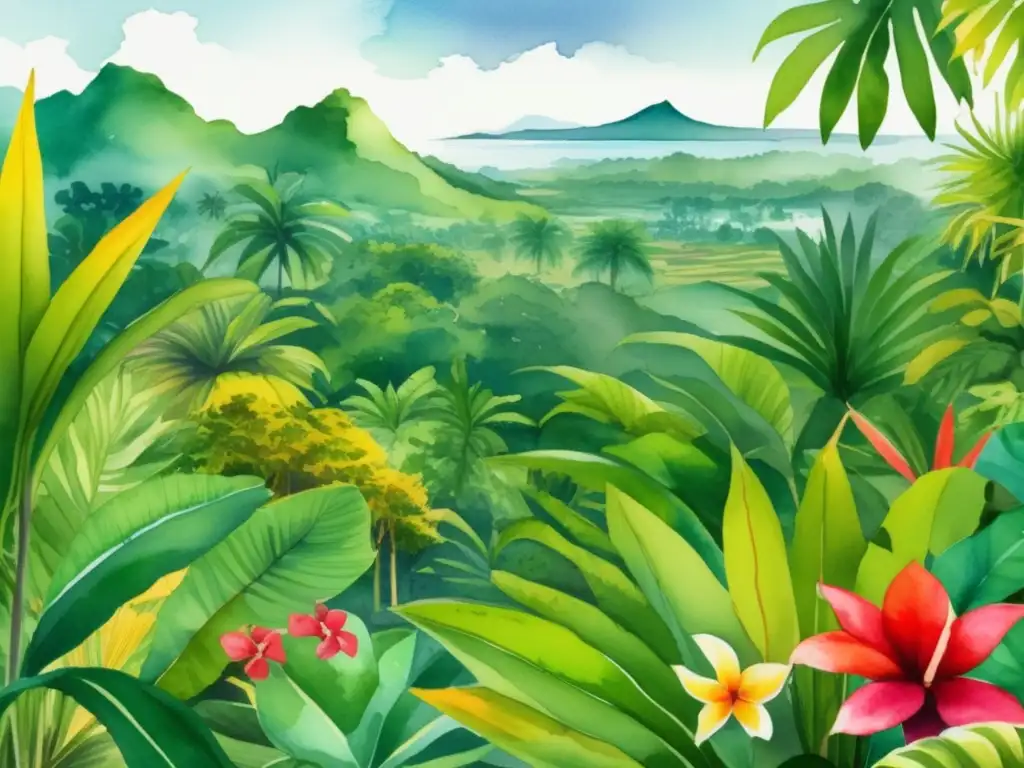 Importancia de la botánica en economías emergentes: ilustración de paisaje tropical con plantas autóctonas y exuberante diversidad botánica