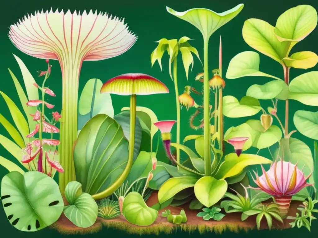 Ilustración acuarela de una exuberante selva tropical con plantas carnívoras