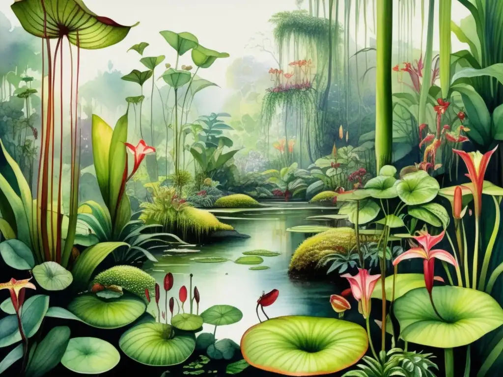 Pintura acuarela: selva lluviosa exuberante con plantas carnívoras, flores y vida silvestre