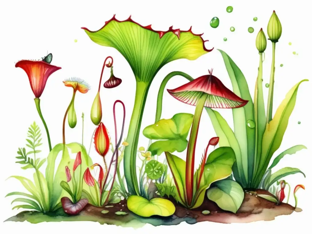Ilustración acuarela vibrante de un entorno tropical exuberante con diversas especies de plantas carnívoras