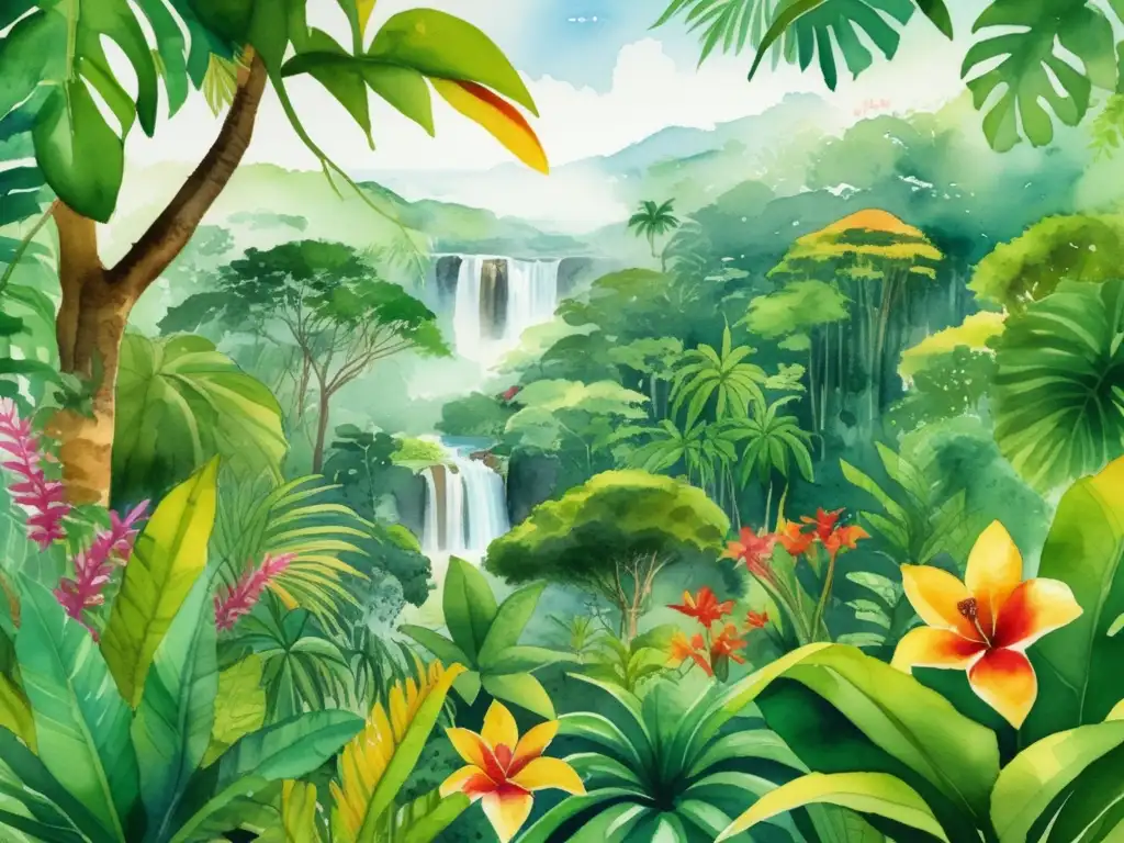 Beneficios medicinales de las plantas en un asombroso ilustración acuarela de selva tropical con diversidad vibrante