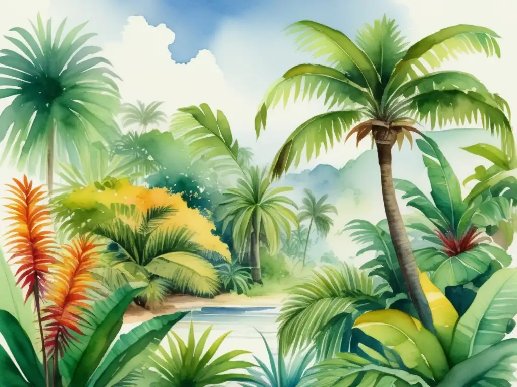 Ilustración acuarela detallada de paisaje tropical exuberante con plantas exóticas y beneficios comercio internacional