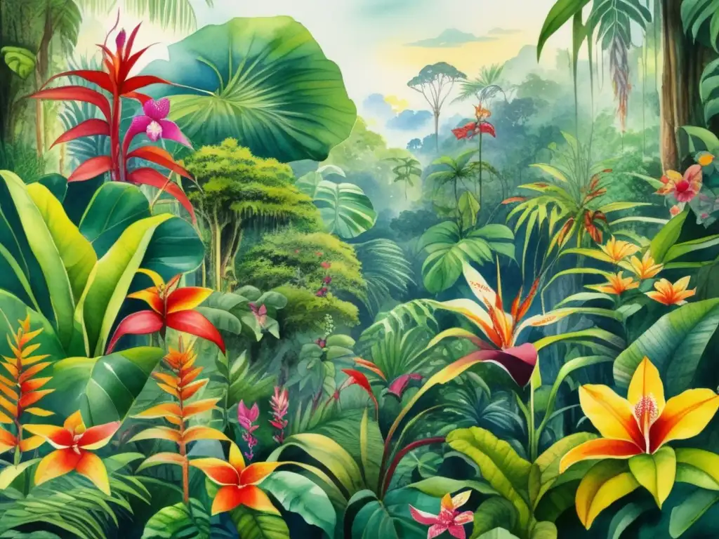 Plantas exóticas de bosques tropicales en vibrante imagen acuarela de exuberante flora y vida diversa