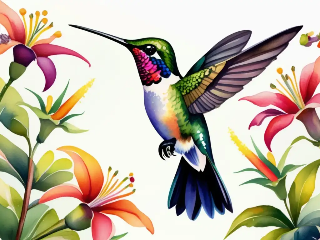 Ilustración acuarela detallada de un vibrante jardín tropical con colibríes y flores exóticas