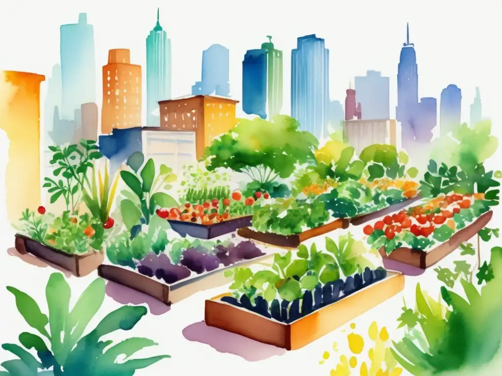 Ilustración vibrante de un jardín urbano lleno de verdor y diversidad de plantas, destacando beneficios de la agricultura urbana