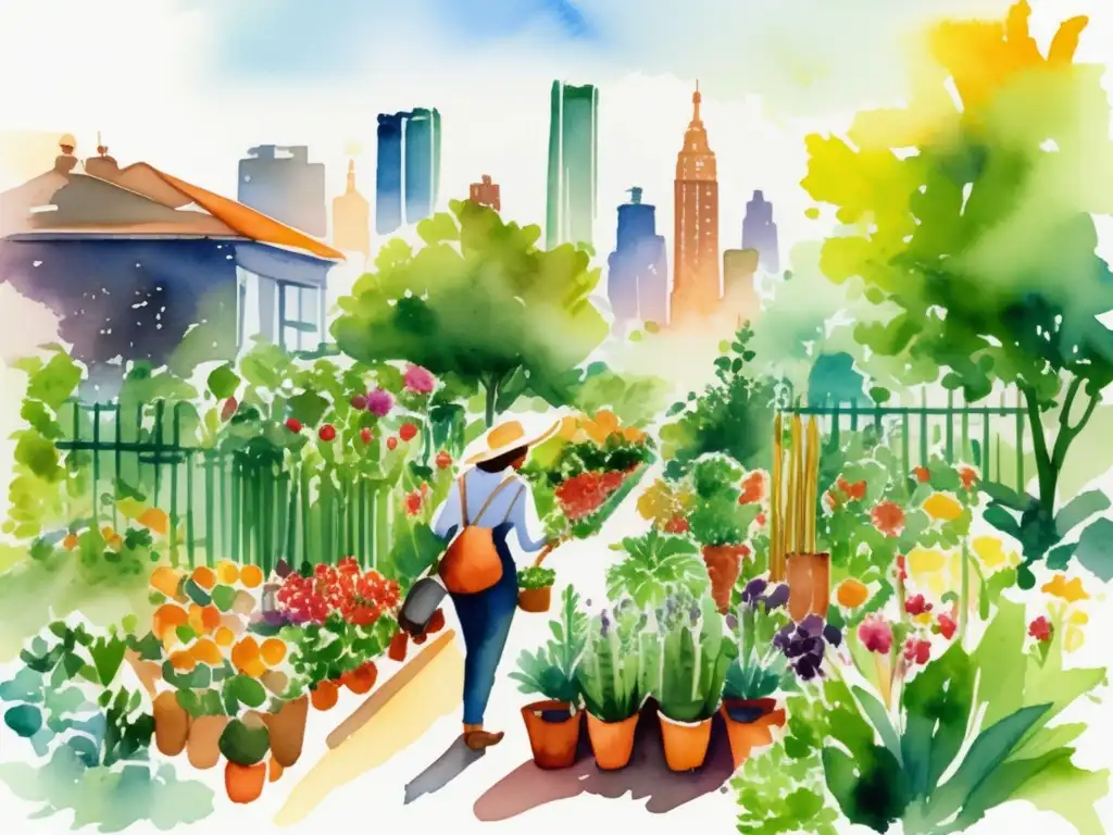 Beneficios de agricultura urbana: jardín urbano con vegetales y frutas, armonía entre naturaleza y ciudad, comunidad y espacios verdes