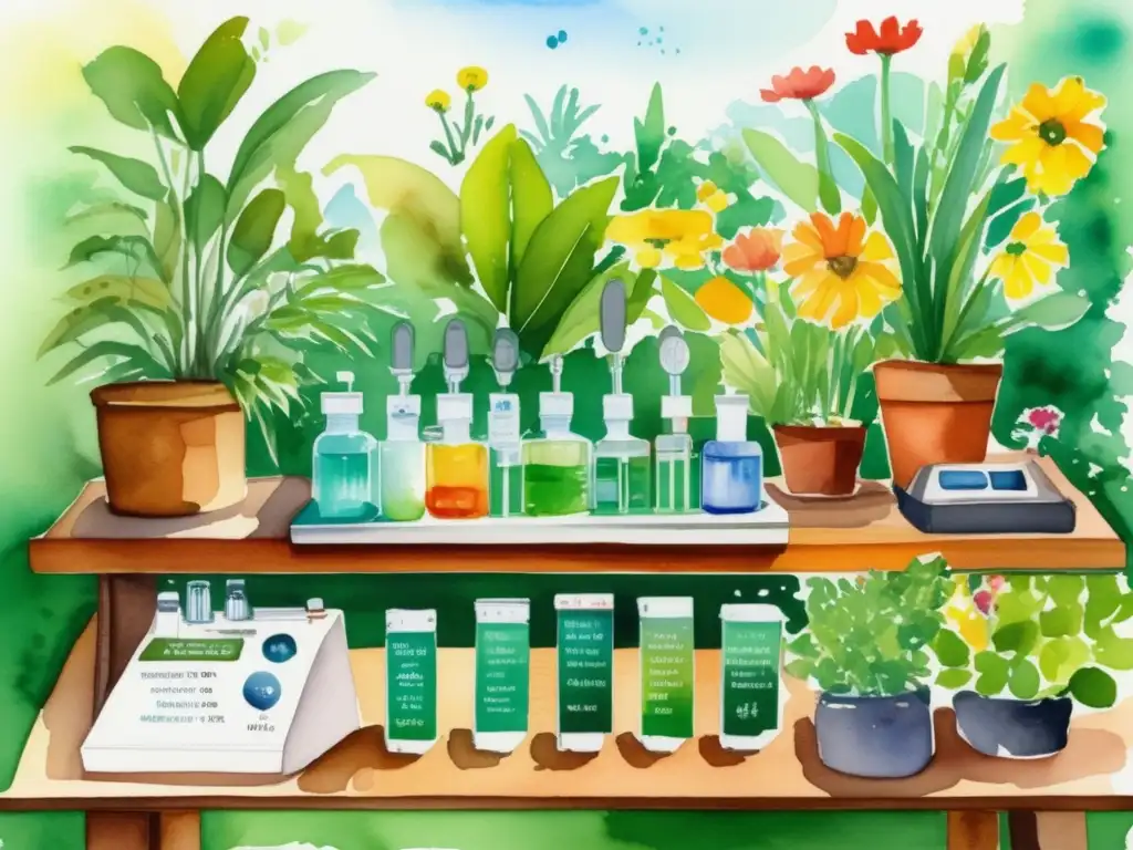 Jardín lleno de plantas vibrantes y kits de análisis de agua - Importancia del análisis de agua para plantas