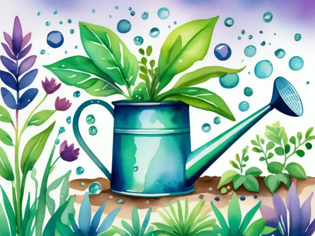 Importancia análisis agua para plantas: Jardín verde con plantas, riego y cielo pastel