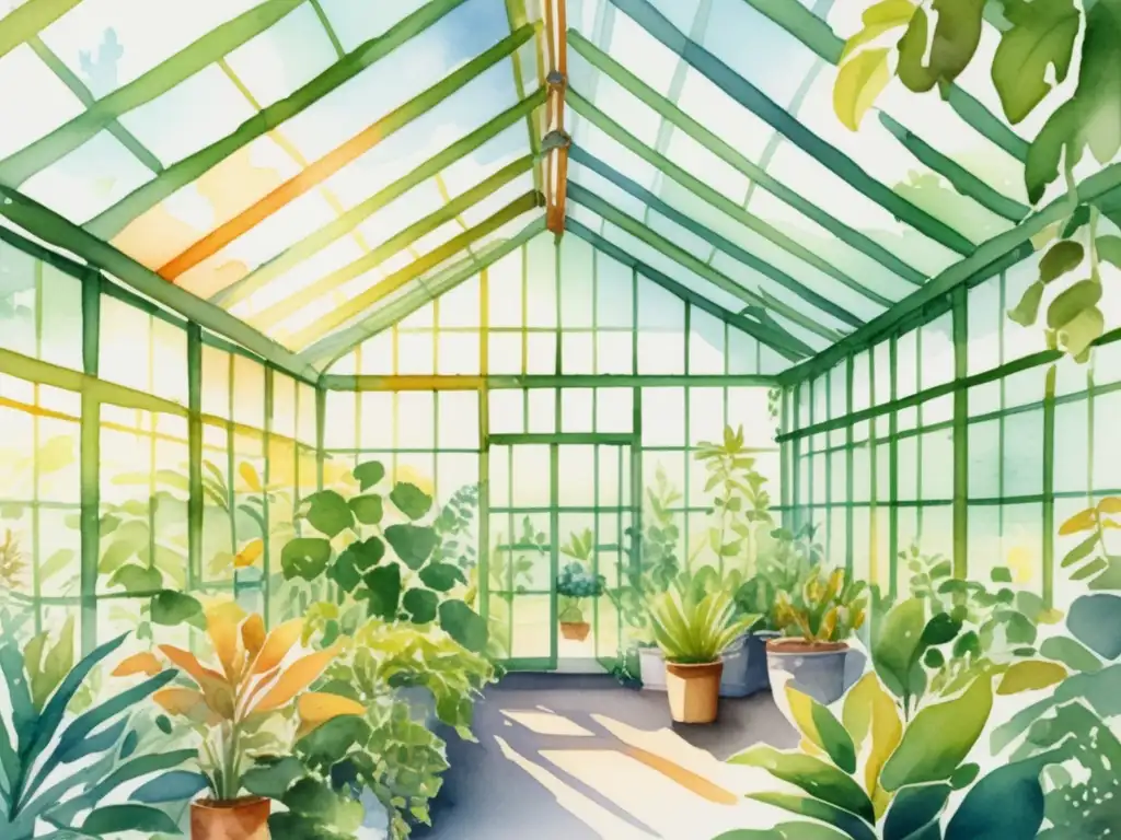 Beneficios respiración plantas en serena y vibrante ilustración invernadero verde con luz solar, oxígeno y nutrientes