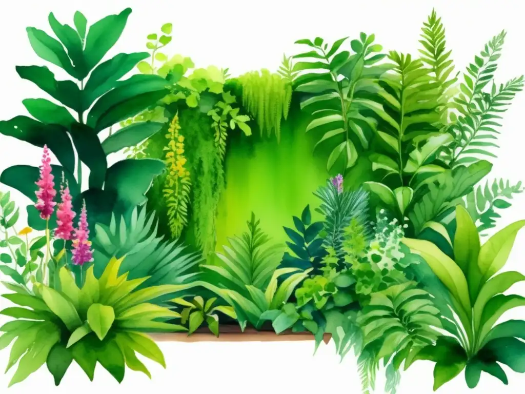 Beneficios jardinería vertical: ilustración acuarela exquisita de un jardín vertical exuberante y vibrante con plantas variadas