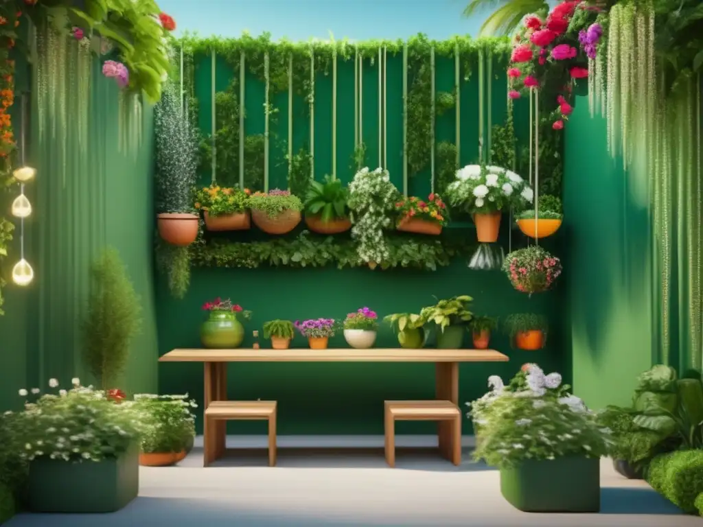 Beneficios Jardinería Vertical: Jardín 8k sereno, vibrante y detallado con macetas colgantes, paredes verdes y estanterías verticales