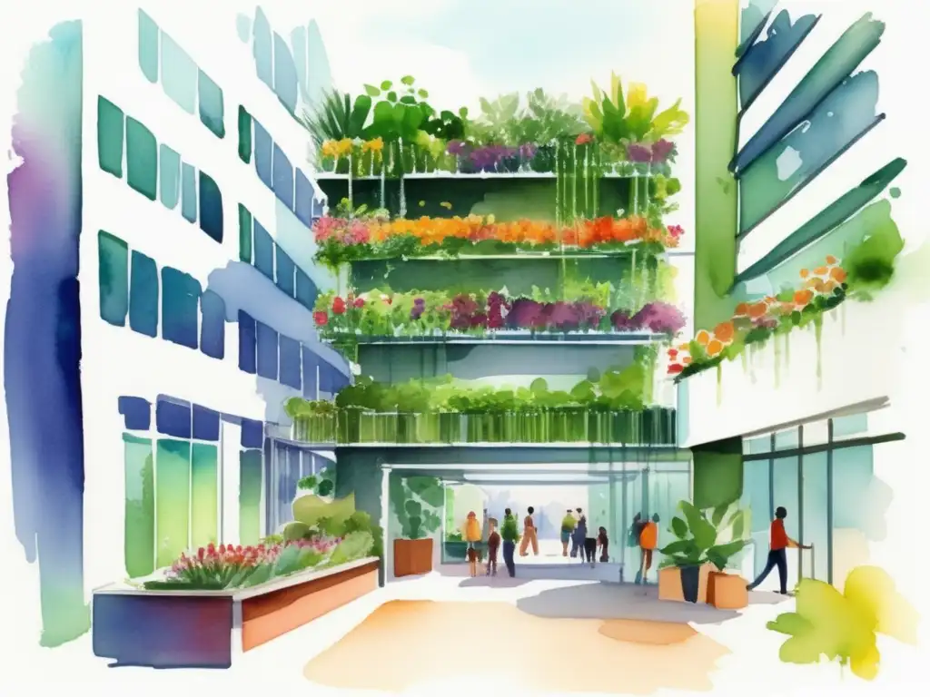 Técnicas de jardinería sostenibles en un vibrante jardín vertical urbano con abundante vegetación