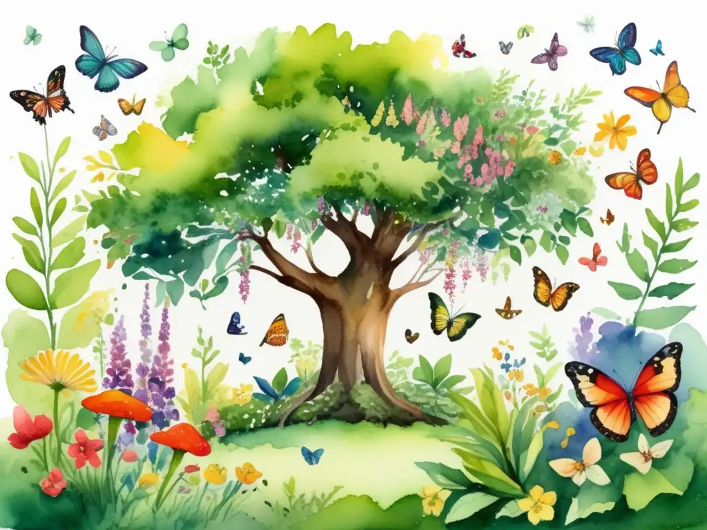 Ilustración acuarela de un jardín exuberante y vibrante, con árbol majestuoso, flores vibrantes, mariposas y simbiosis beneficiosas