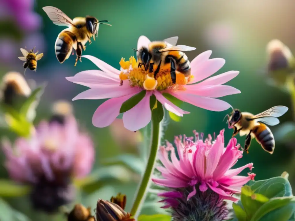 Beneficios simbiosis animal-planta en un jardín vibrante de flores coloridas y diversas, con abejas polinizando y otros insectos colaborando