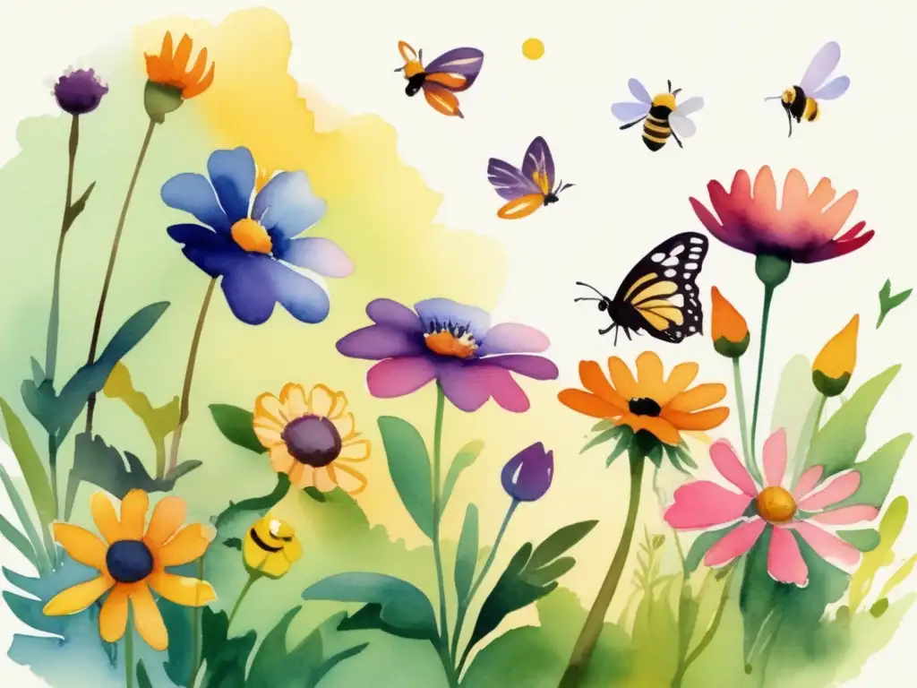 Ilustración acuarela de un jardín exuberante con flores coloridas en plena floración, donde una mariposa y una abeja se benefician de la polinización