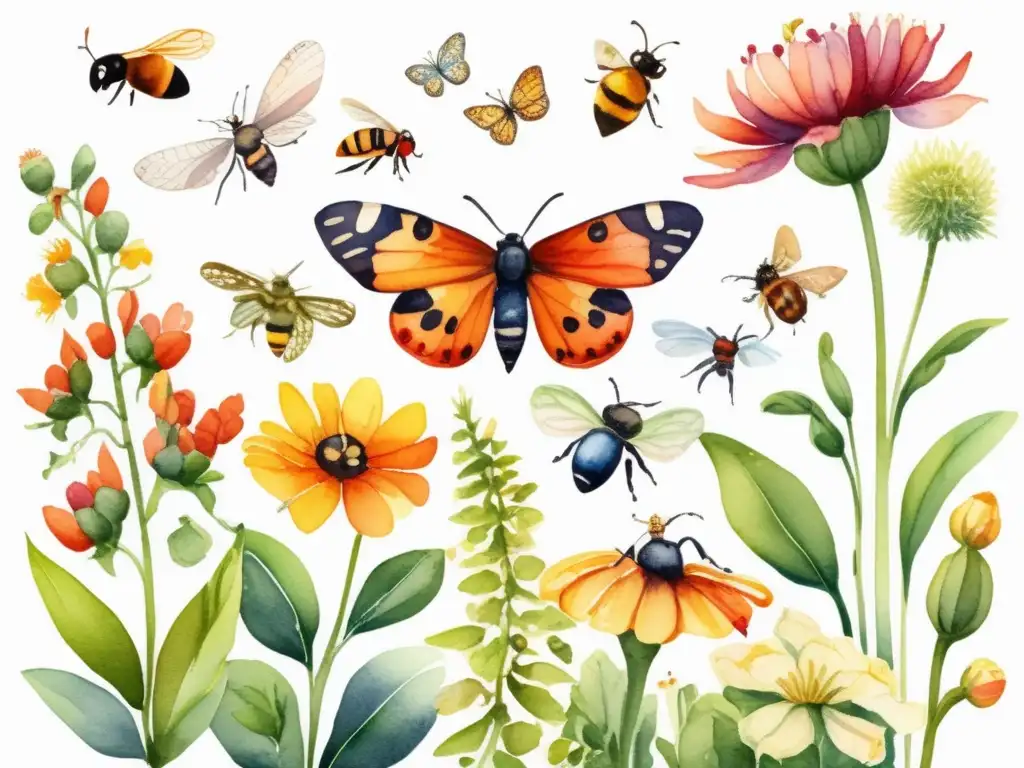 Ilustración acuarela vibrante de un jardín lleno de vida con insectos y plantas