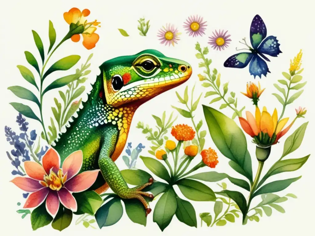 Ilustración acuarela detallada de un vibrante jardín con plantas verdes exuberantes y flores coloridas de diversas formas y tamaños