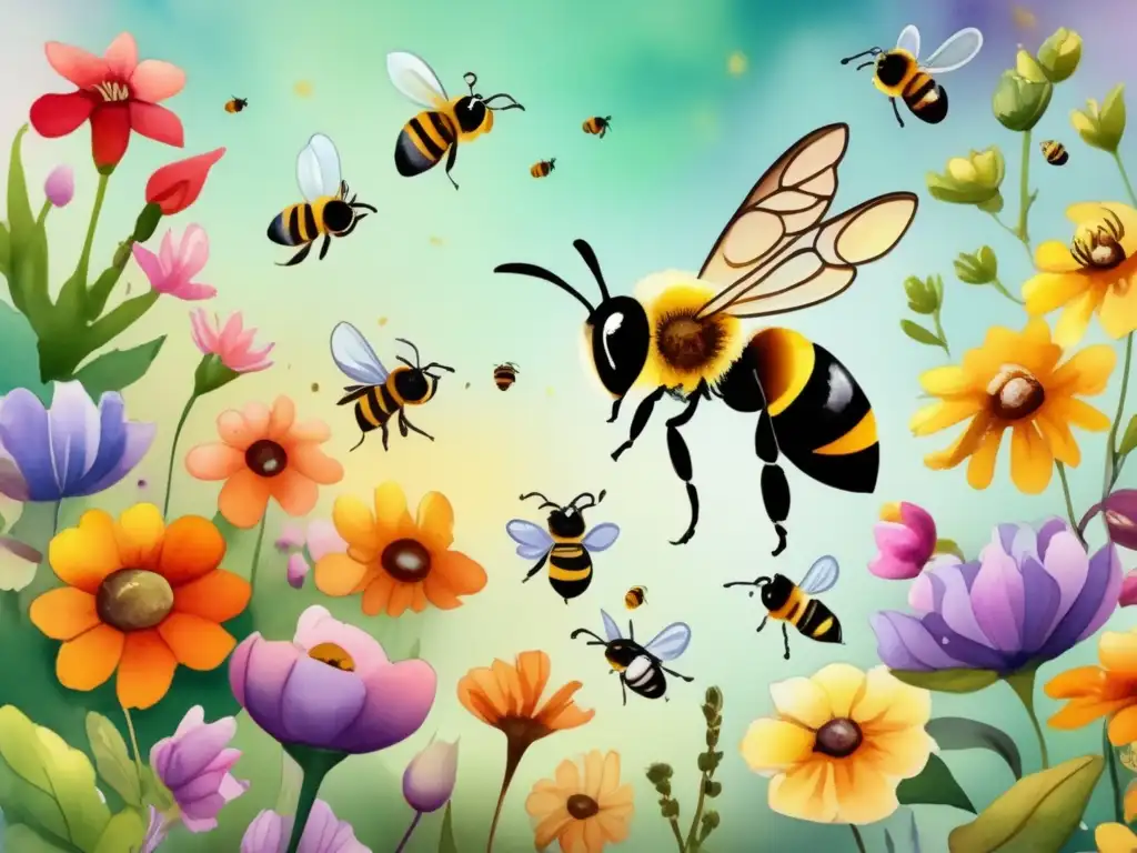 Beneficios de la polinización en jardinería: Pintura acuarela de un jardín vibrante con flores coloridas y abejas