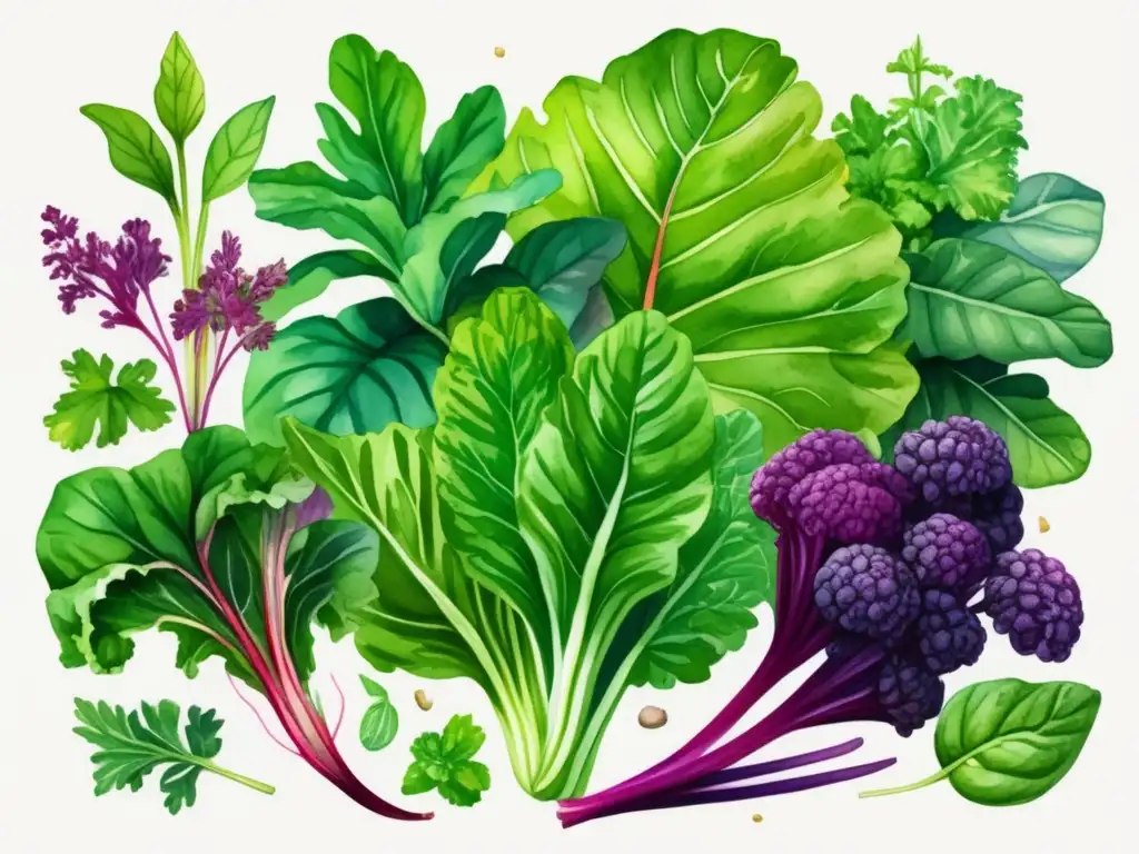 Beneficios nutricionales de plantas comestibles en vibrante ilustración de acuarela mostrando un hermoso jardín lleno de variedades del mundo