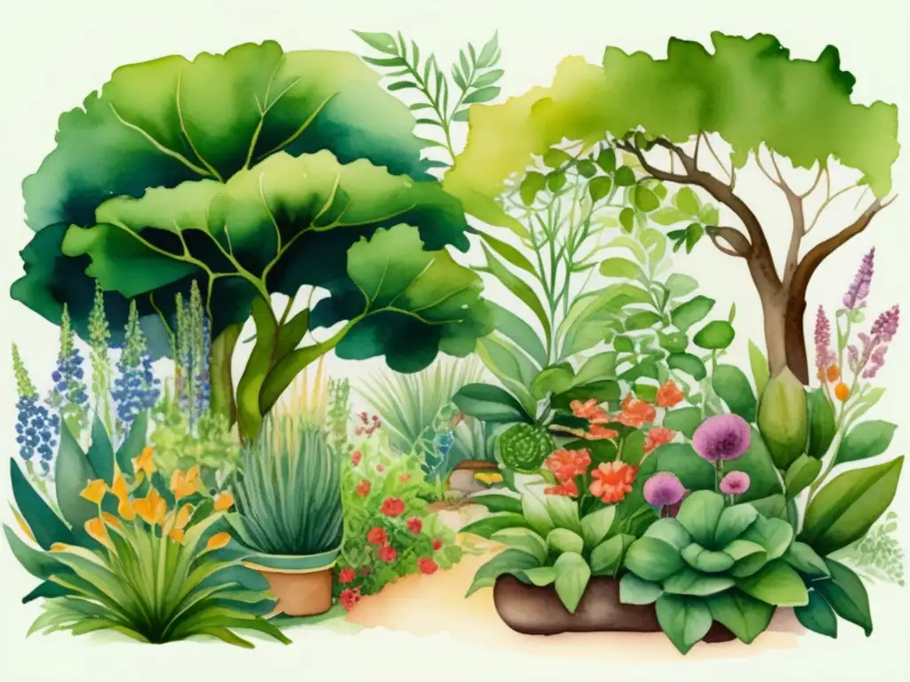 Ilustración acuarela detallada de un jardín vibrante con plantas y flores, destacando la importancia de la simbiosis en las plantas