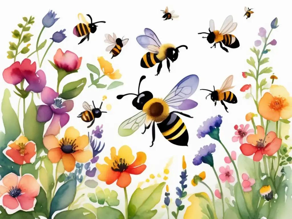 Ilustración acuarela: Jardín exuberante, flores vibrantes, abejas polinizando, árbol majestuoso - Beneficios del mutualismo plantaanimal