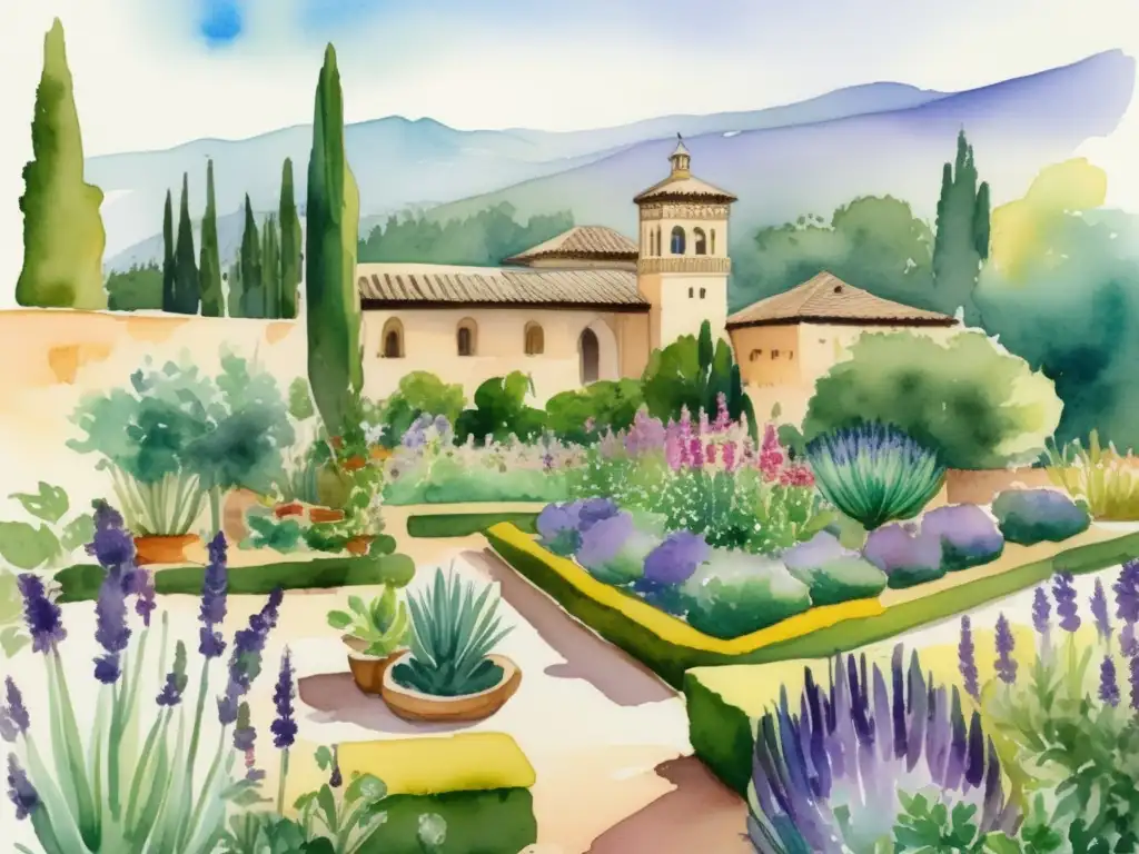 Relevancia histórica plantas Alhambra: Jardín vibrante en la Alhambra con plantas medicinales, hierbas culinarias y árboles frutales