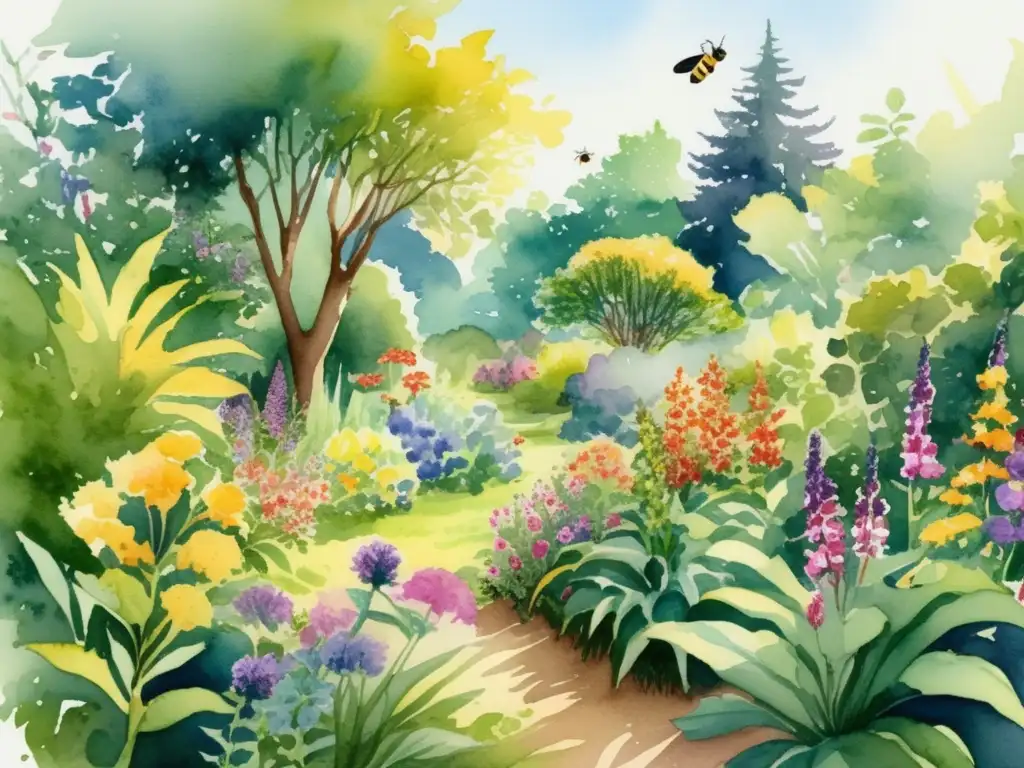 Ilustración acuarela de un jardín vibrante con plantas diversas, flores en flor, árboles y detalles