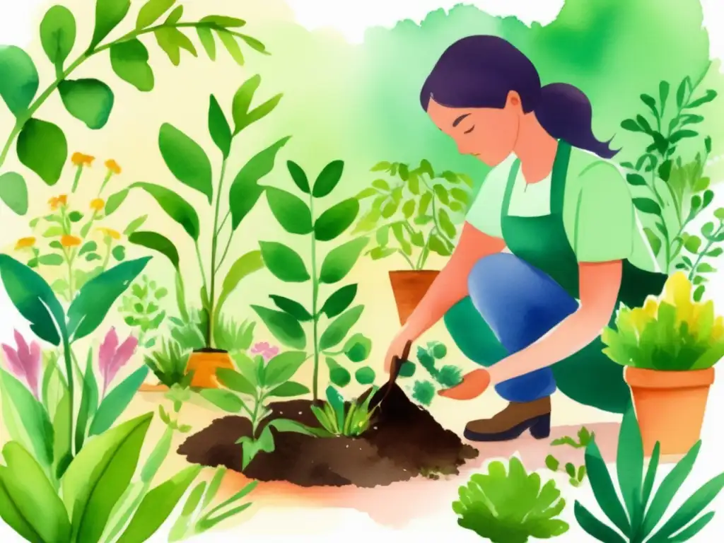 Ilustración acuarela: Jardín vibrante con beneficios de microorganismos en jardinería