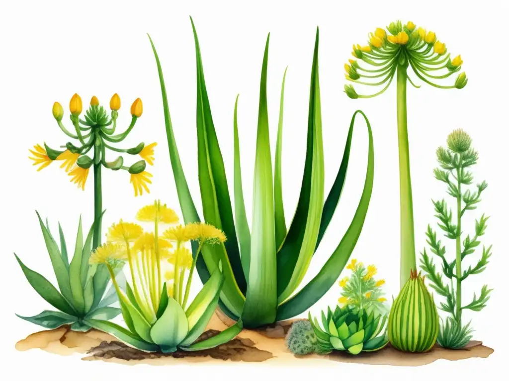 Jardín vibrante con plantas medicinales: fennel, aloe vera y cúrcuma