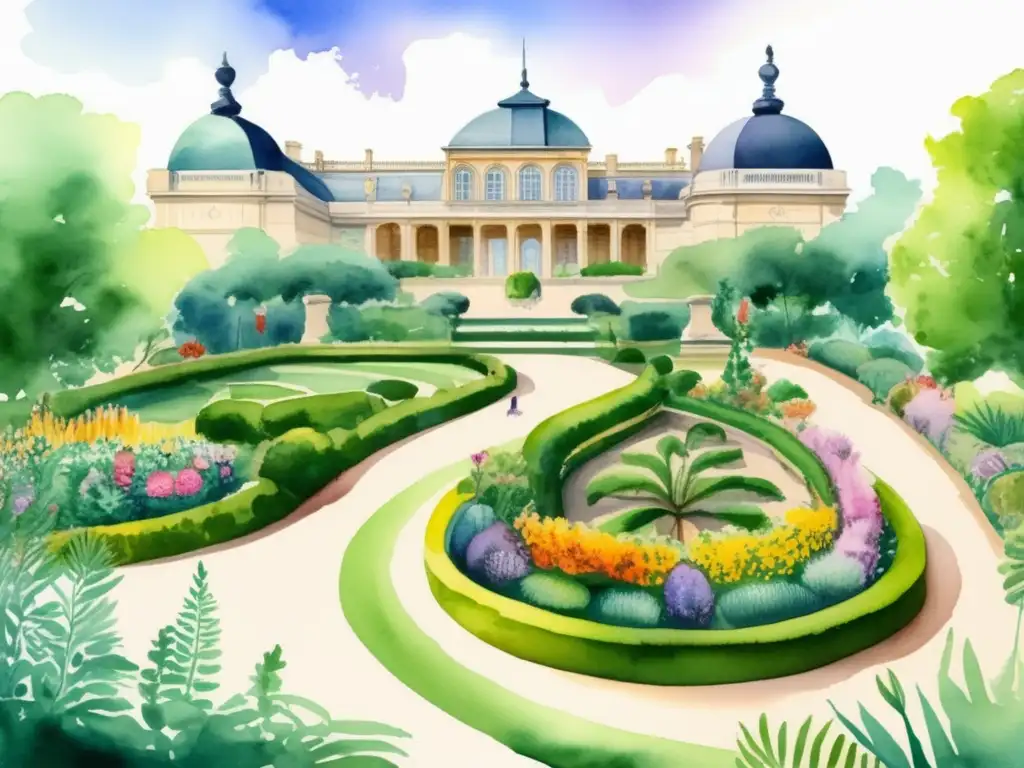 Ilustración acuarela detallada del Jardin des Plantes en París, Francia